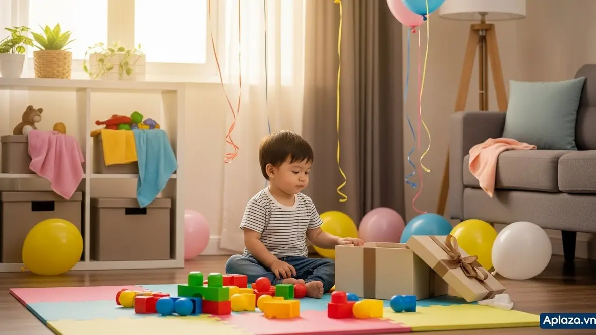 Cảnh bé trai 2 tuổi chơi đồ chơi an toàn màu sắc tươi sáng trong bối cảnh sinh nhật có bóng bay, khu vực chơi sạch sẽ gọn gàng thể hiện cách sử dụng và bảo quản đúng.