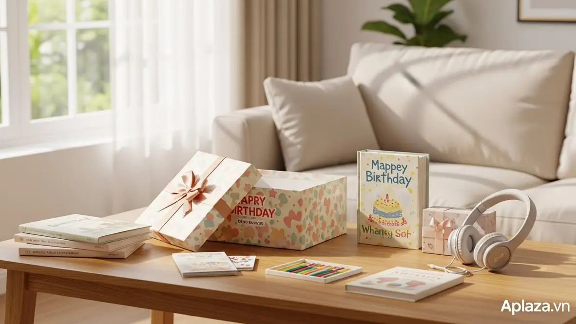 Cảnh ấm áp mua quà sinh nhật cho bé gái 12 tuổi: hộp quà màu pastel được mở ra trên bàn gỗ, ánh sáng dịu lan tỏa, xung quanh là vài gợi ý quà nhỏ như sách, bộ vẽ, tai nghe an toàn, khơi gợi cảm giác háo hức và an tâm