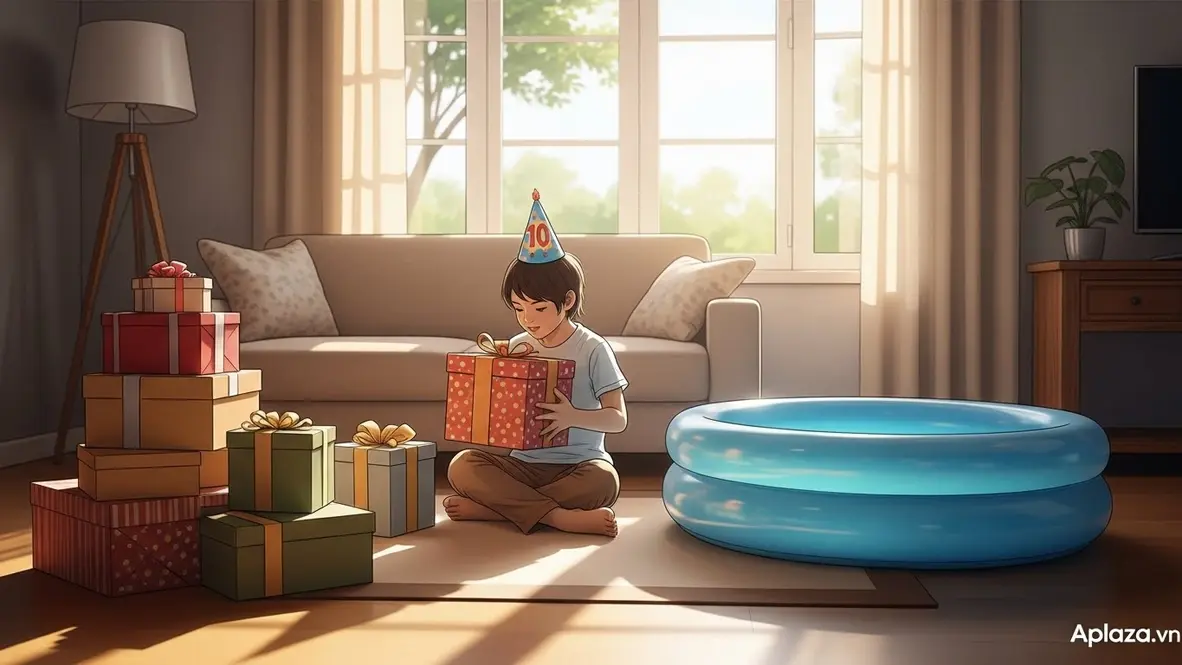 Cảnh bé 10 tuổi cầm hộp quà đầy màu sắc cạnh bể bơi phao và chồng hộp quà sinh nhật, gợi ý quà cho bé 10 tuổi vừa an toàn vừa tạo bất ngờ
