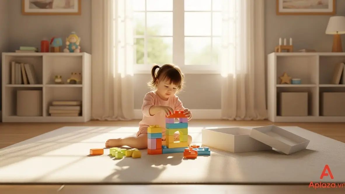 Bé gái 2 tuổi chơi bộ xếp hình khối lớn trong phòng an toàn, ánh sáng ấm, gợi ý quà tặng sinh nhật mang tính giáo dục