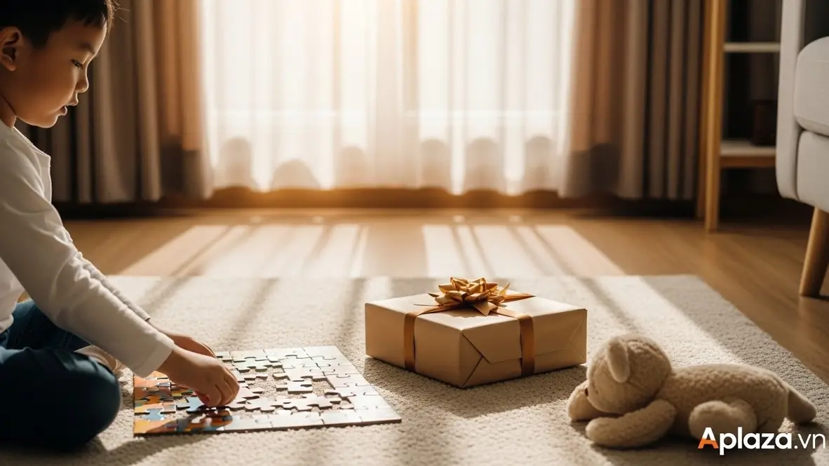 Bé 3 tuổi chơi bộ xếp hình nhiều màu cạnh hộp quà và thú nhồi bông trong không gian ấm áp, gợi ý quà cho bé 3 tuổi an toàn và khuyến khích phát triển.