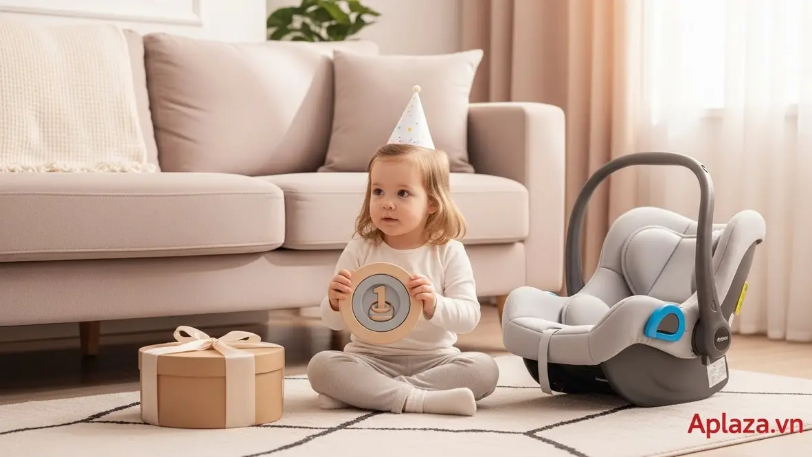 Bé gái 1 tuổi chơi đồ chơi an toàn bên cạnh set quà thôi nôi, hộp quà và ghế ngồi ô tô trẻ em tông pastel