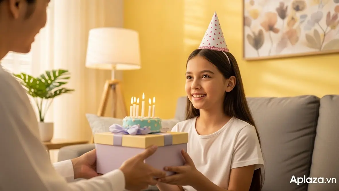 Bé gái 11 tuổi mỉm cười nhận hộp quà màu pastel trong phòng khách ấm áp, gợi ý mua quà sinh nhật cho bé gái 11 tuổi phù hợp sở thích và độ tuổi.