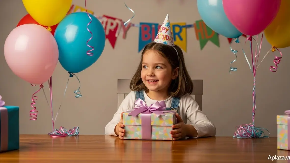 Bé gái 4 tuổi cầm hộp quà sinh nhật bọc giấy pastel giữa không gian trang trí bóng bay đầy màu sắc, gợi nhắc tiêu chí quà an toàn, chất liệu bền và phù hợp độ tuổi.