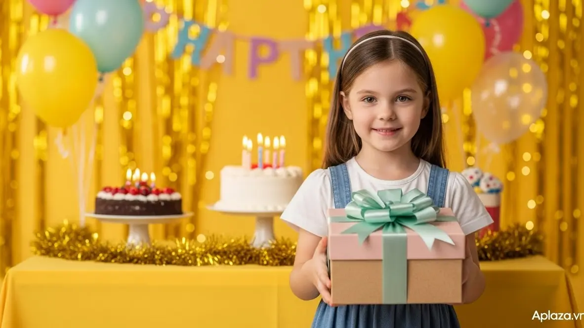 Bé gái 4 tuổi cầm hộp quà bọc nơ giữa không gian sinh nhật rực rỡ, gợi ý quà sinh nhật cho bé gái 4 tuổi dễ mua và an toàn