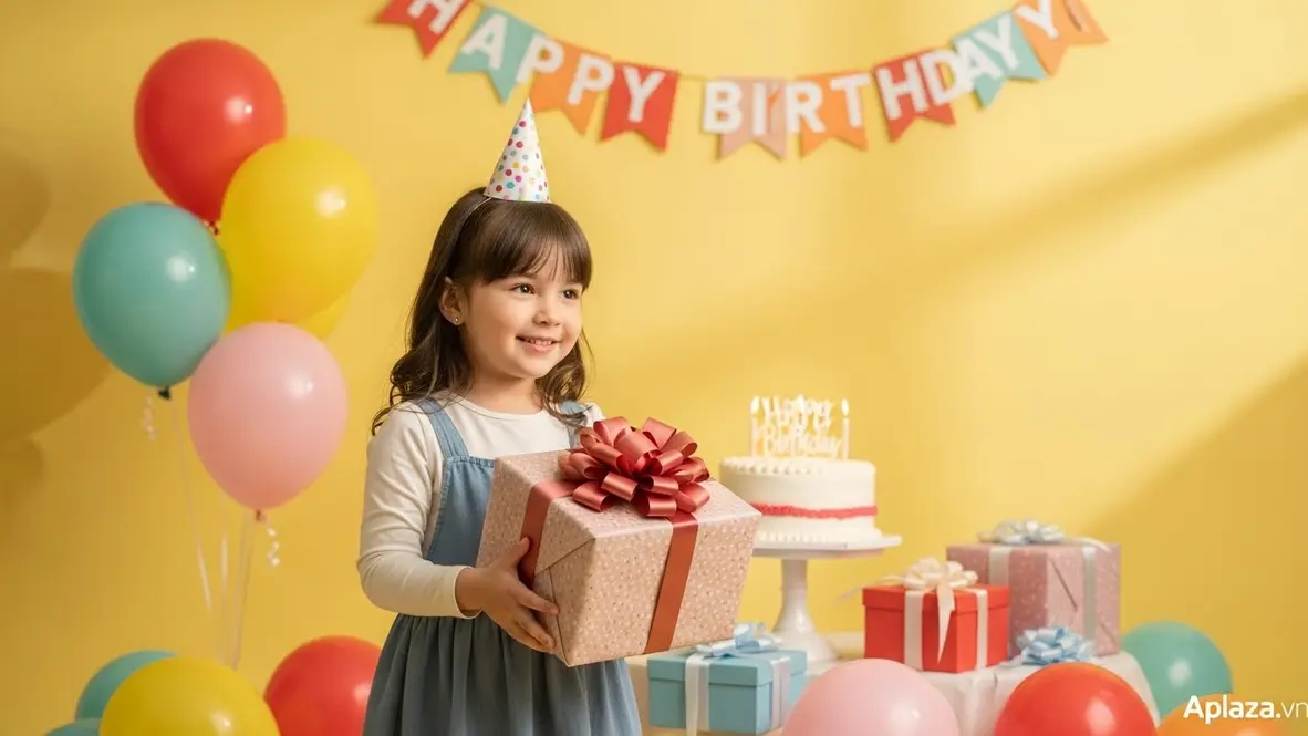 Bé gái 4 tuổi cầm hộp quà sinh nhật trên nền bóng bay và bánh kem nhiều màu, gợi ý mua quà sinh nhật cho bé gái 4 tuổi