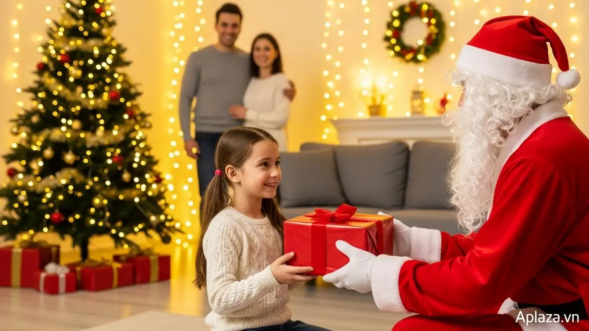 Khoảnh khắc bé gái 4 tuổi nhận quà trong phòng khách ấm cúng, Ông Già Noel cúi người trao hộp quà bọc giấy đỏ, bố mẹ mỉm cười đứng cạnh, ánh đèn vàng nhẹ và cây thông lấp lánh