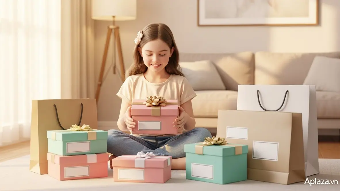 Bé gái 8 tuổi cầm quà sinh nhật trong không gian sáng ấm, gợi ý chọn thương hiệu rõ nguồn gốc và nơi mua uy tín.