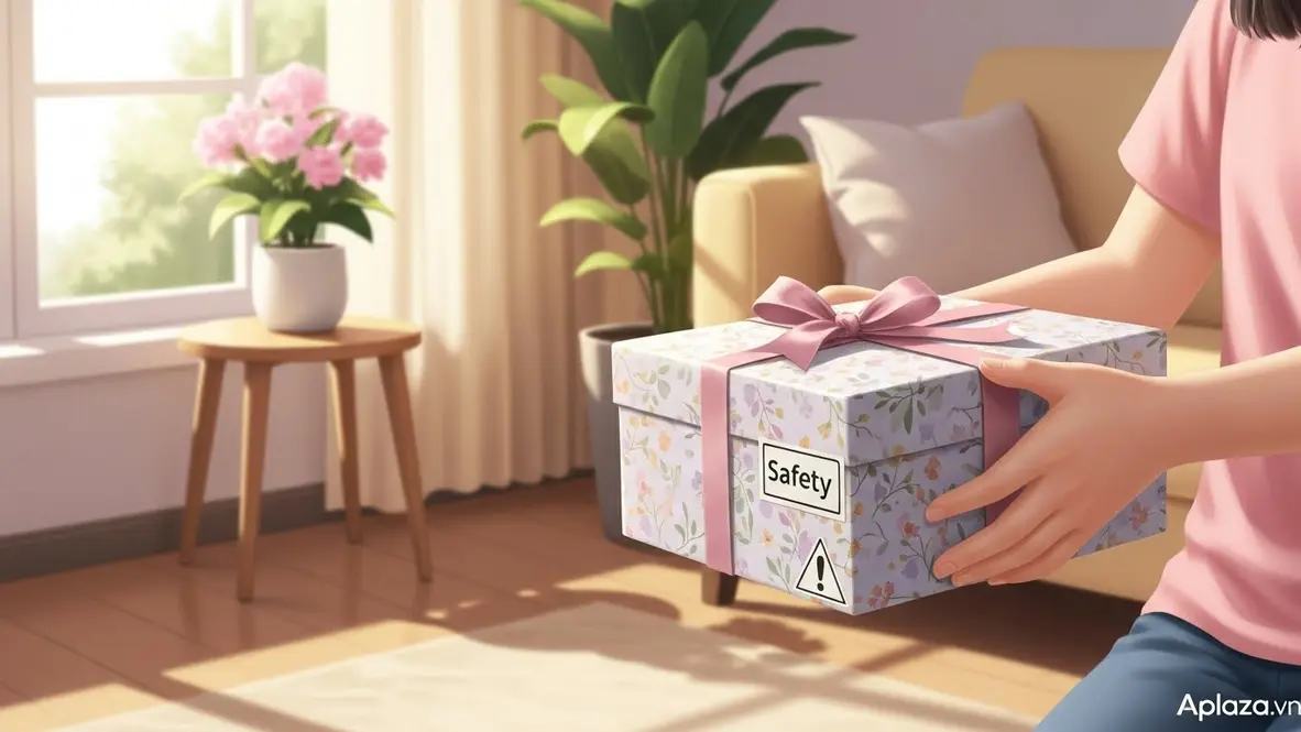 Bé gái 9 tuổi vui cười nhận hộp quà sinh nhật bọc giấy pastel, gợi nhắc tiêu chí an toàn và chất lượng khi mua quà sinh nhật cho bé gái 9 tuổi
