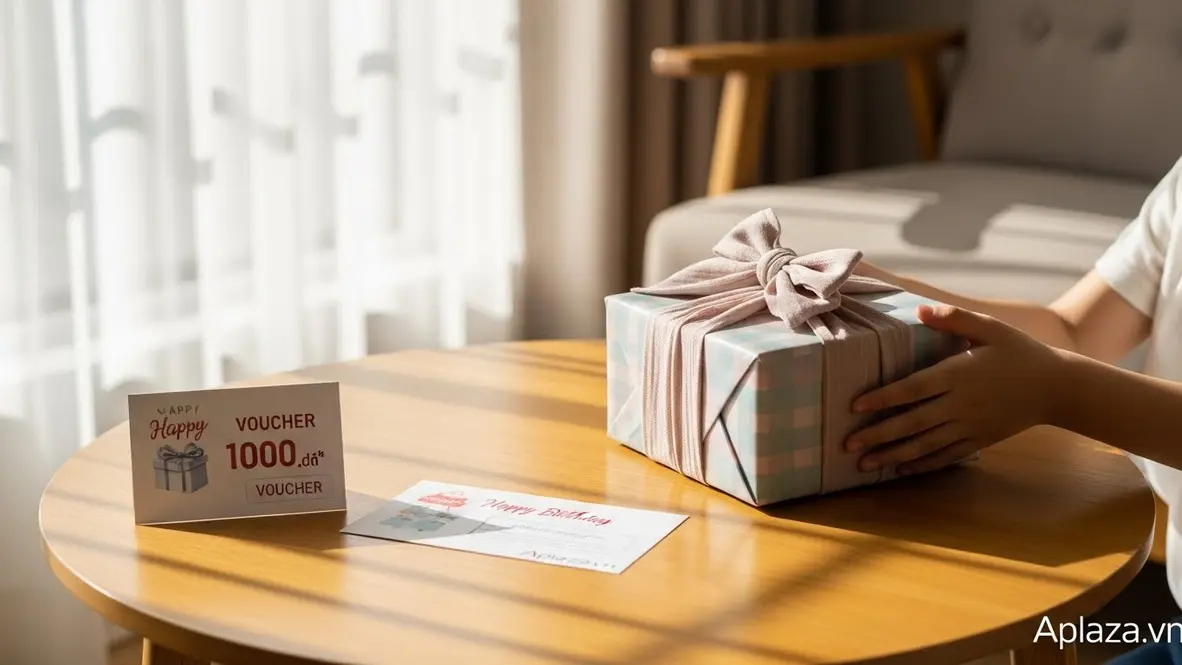 Hộp quà bọc tinh tế với nơ vải, thiệp chúc mừng và phiếu trải nghiệm đặt trên bàn, đôi tay nhỏ đang đón nhận, gợi ý cách gói quà, phân bổ ngân sách và tặng kèm trải nghiệm cho bé gái 9 tuổi.