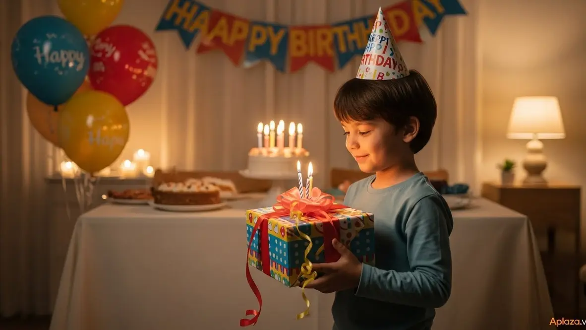 Bé trai 5 tuổi cầm hộp quà gói giấy màu, thiệp nhỏ và bóng bay trong không khí sinh nhật tươi vui