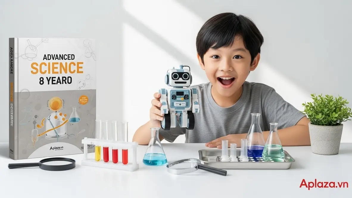 Bộ quà khoa học cho bé 8 tuổi gồm robot lập trình nhỏ, sách nâng cao và bộ thí nghiệm an toàn với ống nghiệm, kính lúp và chậu cây, bày trên nền sáng