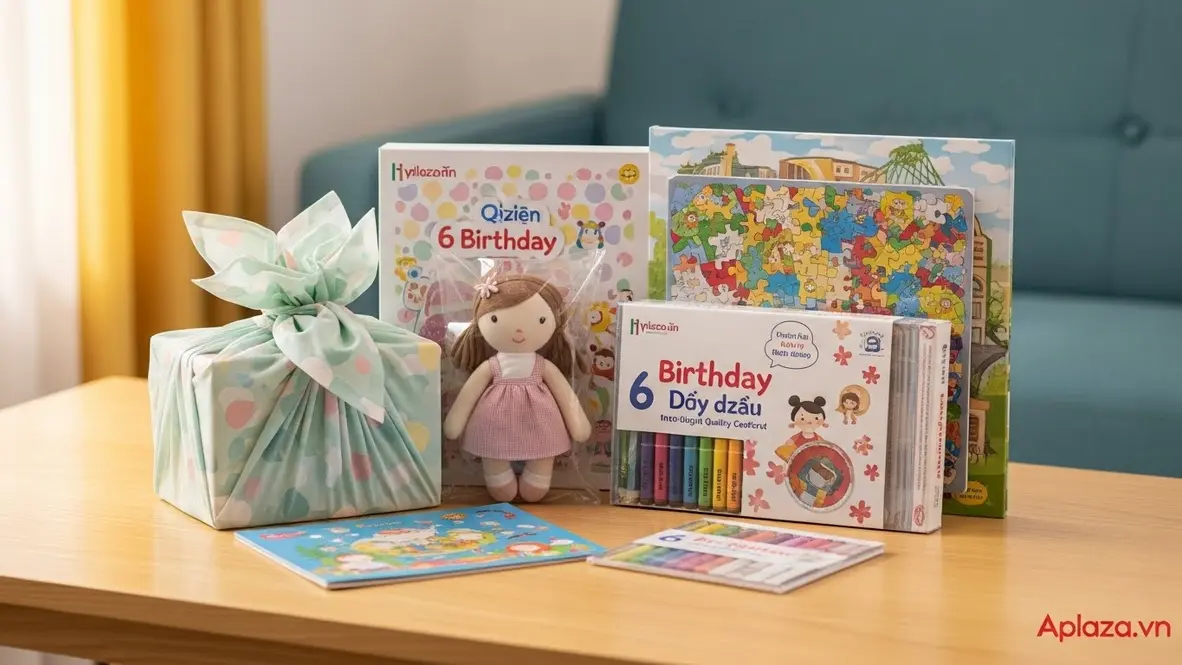Bộ quà sinh nhật cho bé gái 6 tuổi bọc giấy pastel, gồm búp bê vải, bộ xếp hình, sách tranh và bộ màu, được dán tem niêm phong gọn gàng trên bàn gỗ sáng để nhấn mạnh mua đúng nơi uy tín và kiểm tra chất lượng trước khi thanh toán.