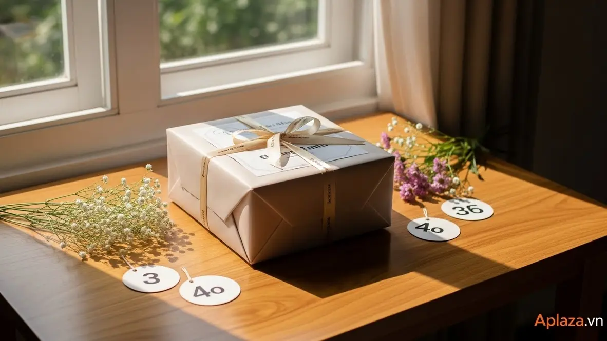 Bộ quà sinh nhật nhiều món màu pastel cho bé gái 6 tuổi, gói giấy an toàn, bày trên bàn gỗ dưới ánh nắng ấm, gợi ý tiêu chí an toàn và kích thích sáng tạo