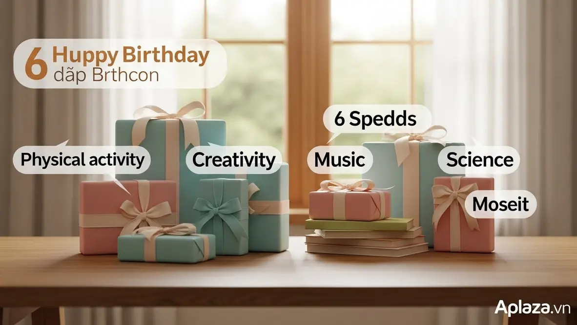 Bộ quà tặng nhiều món tươi sáng sắp xếp theo nhóm tính cách: vận động, sáng tạo, đọc sách, âm nhạc và khoa học, dành cho bé gái sáu tuổi