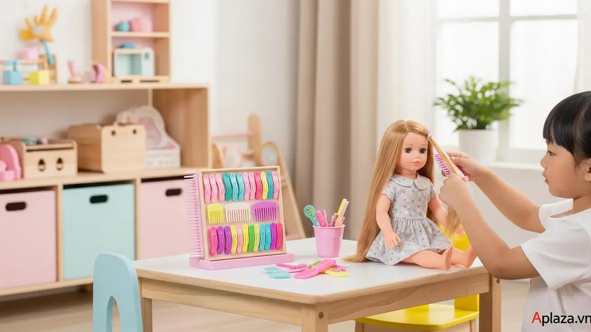 Cảnh búp bê và phụ kiện trong tay bé ba tuổi đang được chải tóc, không gian sáng sủa và ấm áp, gợi ý quà cho bé gái ba tuổi