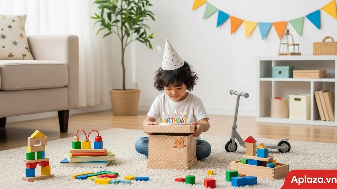 Đôi tay nhỏ mở quà sinh nhật cho bé 3 tuổi giữa không gian sáng, xung quanh bày đồ chơi an toàn nhiều màu và gợi ý phân loại theo ngân sách.