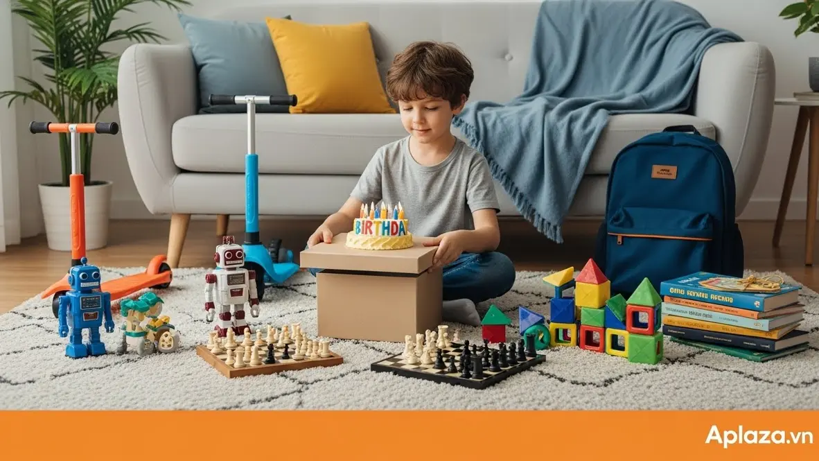 Cảnh hộp quà sinh nhật đang được mở, xung quanh bày robot đồ chơi, bộ cờ vua, xe trượt nhỏ, bộ xếp hình nam châm và balo học sinh — gợi mở danh mục quà theo nhóm an toàn và sáng tạo cho bé bảy tuổi.