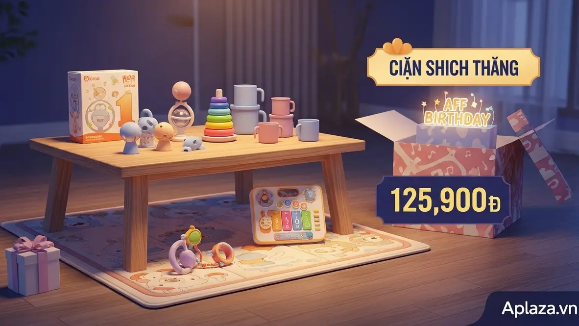 Đồ chơi an toàn cho bé 1 tuổi cạnh hộp quà và thẻ giá, tông màu ấm, gợi ý mua quà sinh nhật