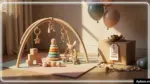 Đồ chơi an toàn bày trên thảm cạnh hộp quà và thẻ giá, gợi ý mua quà sinh nhật cho bé 1 tuổi