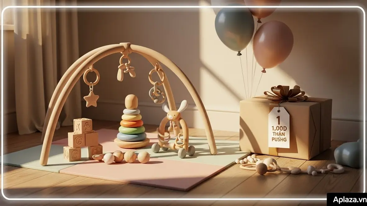Đồ chơi an toàn bày trên thảm cạnh hộp quà và thẻ giá, gợi ý mua quà sinh nhật cho bé 1 tuổi