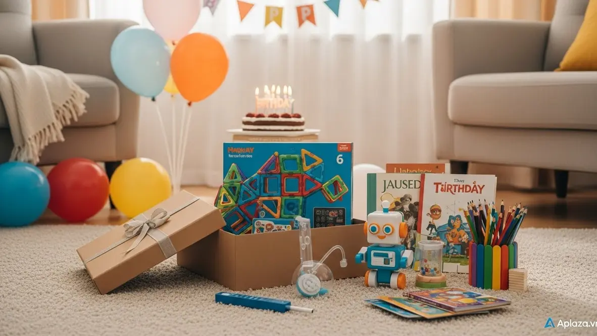 Cảnh hộp quà mở hé bày ra đồ chơi giáo dục và đồ chơi STEM như bộ lắp ráp, robot đơn giản, bộ thí nghiệm và sách, phù hợp mua quà sinh nhật cho bé 6 tuổi.