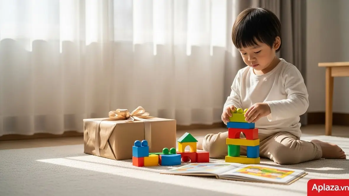 Bé 4 tuổi đang xếp các khối hình nhiều màu cạnh hộp quà và sách tương tác, gợi ý đồ chơi STEM kích thích tư duy và phối hợp tay–mắt