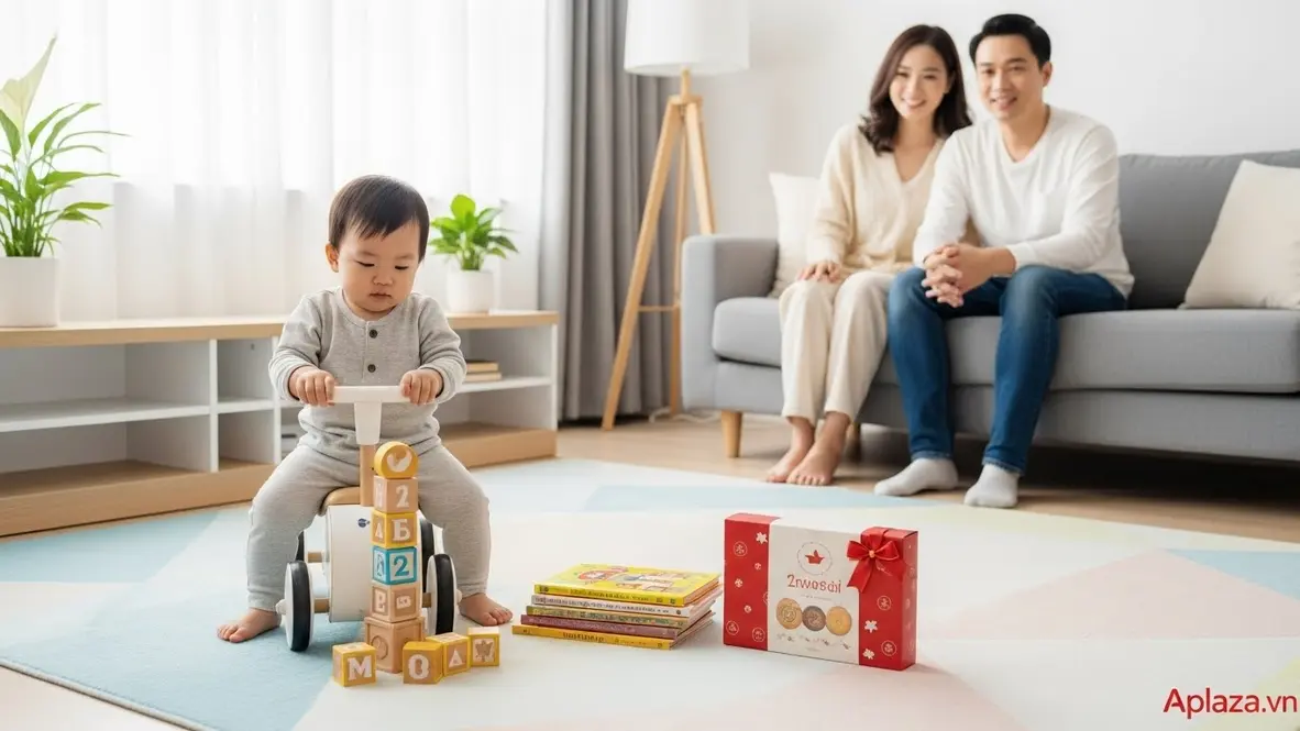 Bé 2 tuổi chơi đồ chơi thông minh bên cạnh sách tranh và hộp bánh, bố mẹ quan sát phía sau trong phòng khách sáng ấm.