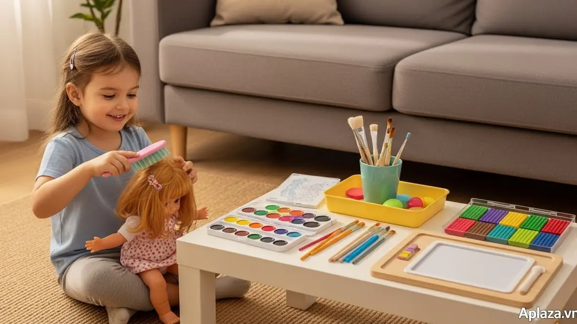 Cảnh quà cho bé gái 3 tuổi: bé chải tóc cho búp bê trong phòng sáng, cạnh bàn có màu nước rửa được, đất nặn và bảng vẽ từ tính.
