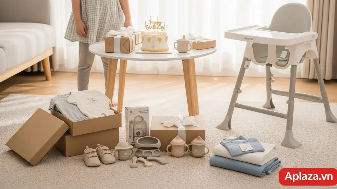 Bé trai 1 tuổi bên bánh sinh nhật với quần áo, giày mềm, bộ ăn dặm, cốc tập uống, ghế ăn gấp gọn và chăn mền được gói quà, gợi ý đồ dùng thiết yếu an toàn cho bé 1 tuổi