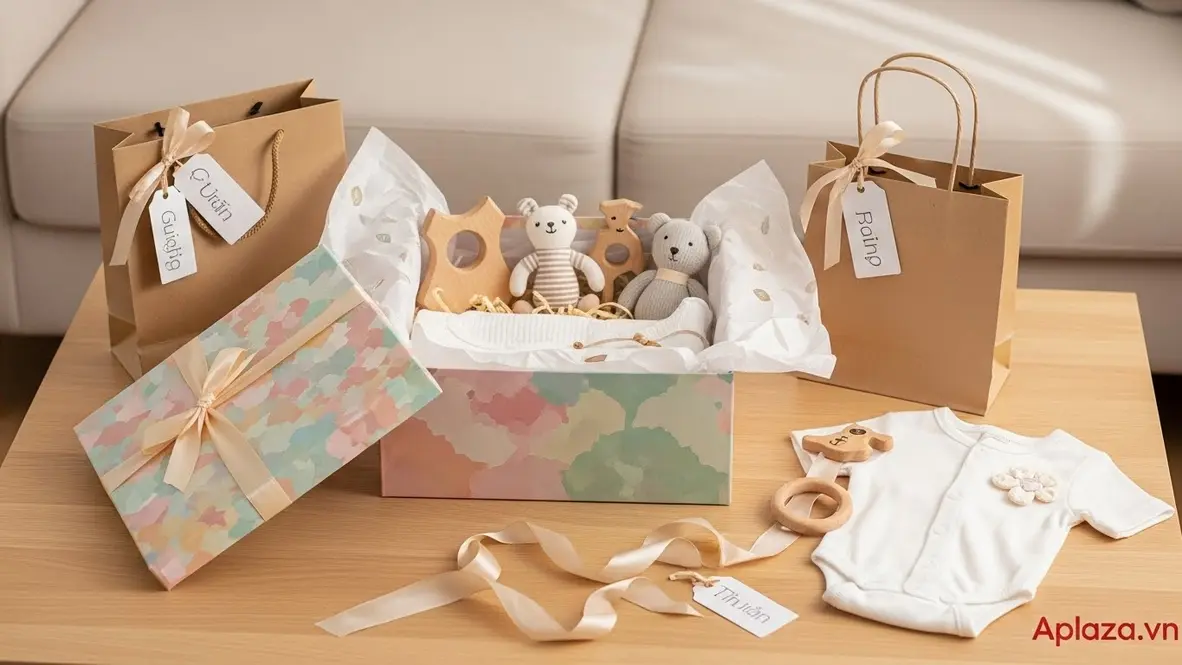 Hộp quà pastel quà cho bé kèm đồ chơi gỗ, quần áo cotton và thẻ tên, đặt cạnh túi chia quà trang trí dễ thương