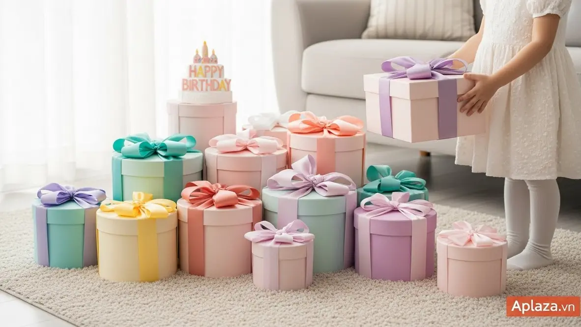 Bé gái ba tuổi ôm hộp quà gói giấy pastel, nơ vải bản lớn, nhiều hộp quà xung quanh trong không gian sinh nhật ấm áp, thể hiện gói quà an toàn và hoạt động mở quà vui nhộn