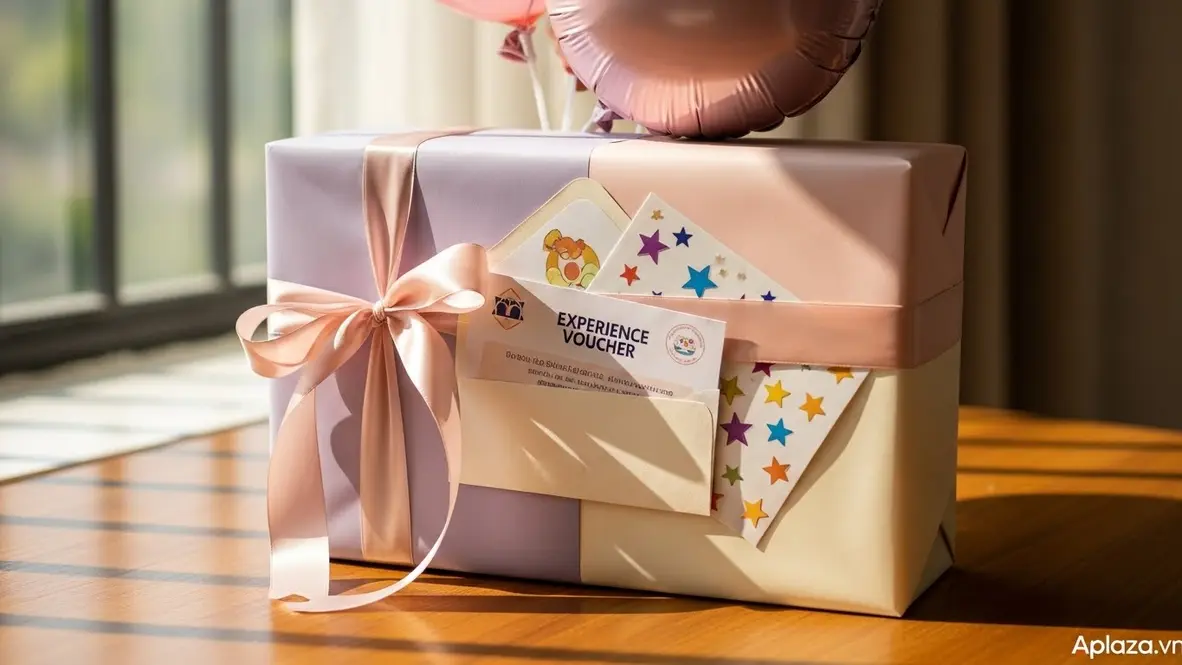 Bộ quà tặng nhiều món được gói giấy pastel, ruy băng mềm, kèm thiệp nhỏ và vài phụ kiện như bóng bay, sticker; phù hợp mua quà sinh nhật cho bé gái 6 tuổi, đặt trên bàn gỗ sáng trong ánh sáng ấm áp