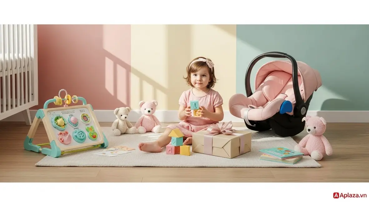 Bé gái 1 tuổi cầm đồ chơi an toàn phát triển kỹ năng, cạnh hộp quà và ghế ngồi ô tô trẻ em trong phòng sáng màu pastel