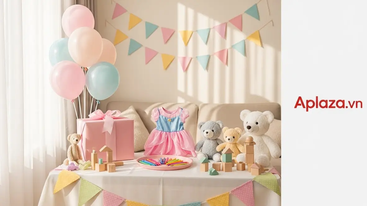 Bối cảnh tiệc sinh nhật nhỏ tông pastel với bàn bày quà gợi ý mua quà sinh nhật cho bé gái 2 tuổi: hộp quà, thú bông, váy công chúa mini và bộ màu sáp, ánh đèn ấm áp.