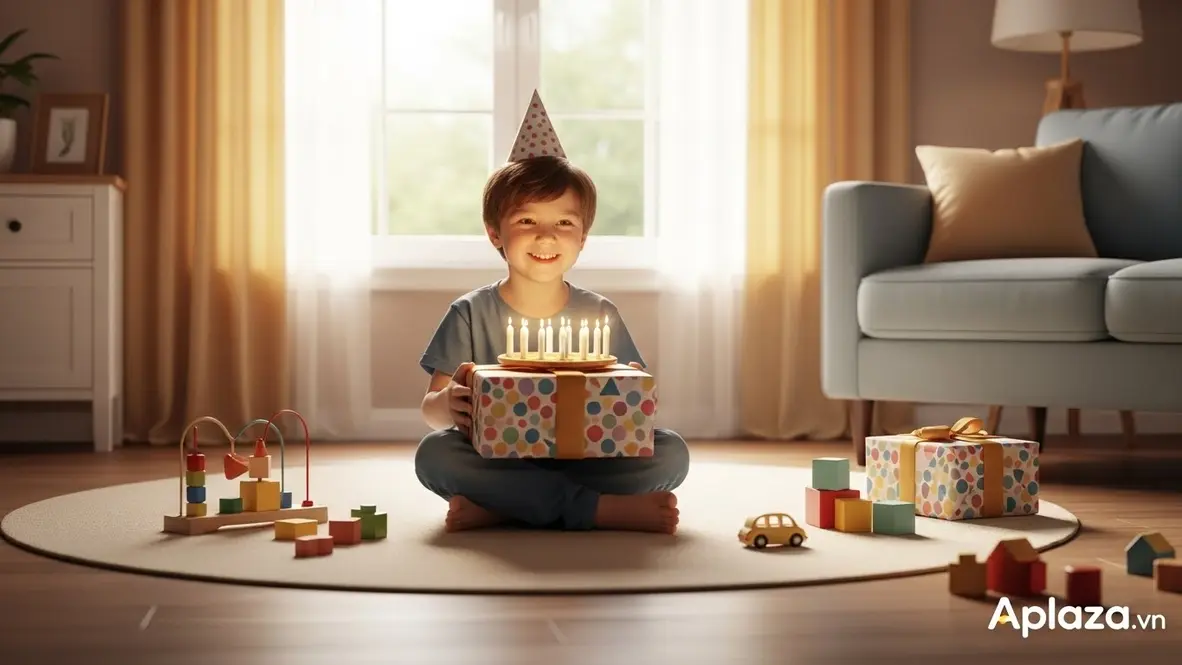 Cảnh bé trai 3 tuổi hân hoan cầm hộp quà, đồ chơi xếp hình và xe nhỏ đặt quanh thảm sáng, gợi ý mua quà chính hãng tại Chiaki qua App với ưu đãi miễn phí vận chuyển tối đa 30k