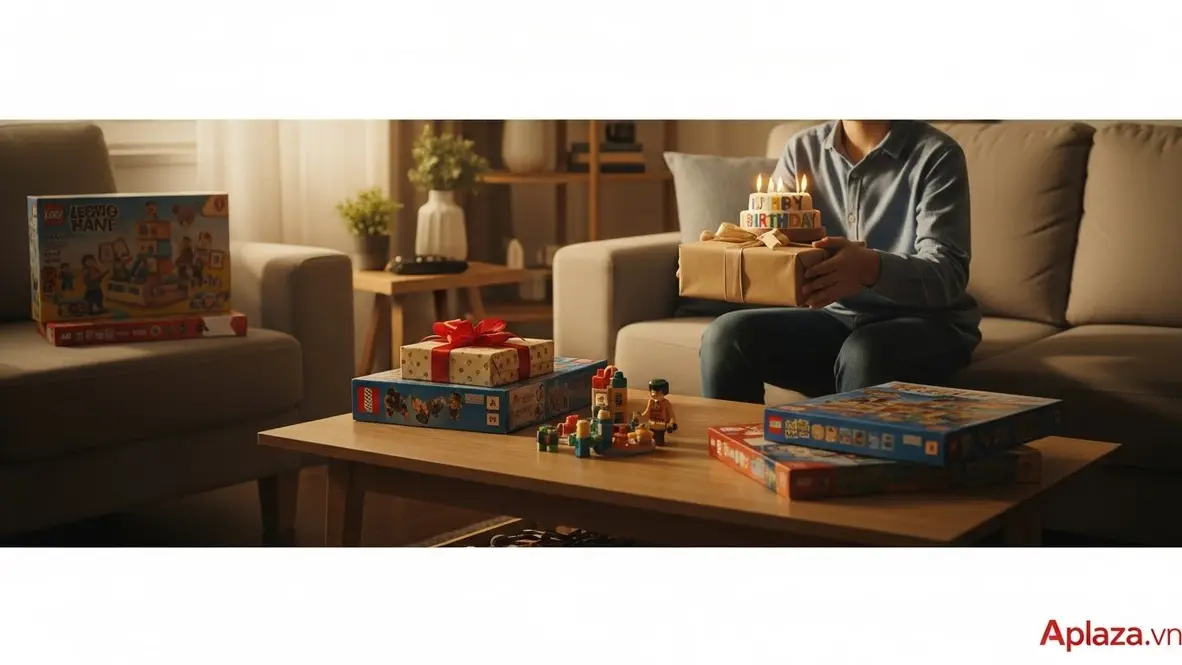 Cảnh bé trai 9 tuổi cầm quà sinh nhật, xung quanh là bộ LEGO và đồ chơi trí tuệ, gợi ý mua quà sinh nhật cho bé trai 9 tuổi an toàn và đúng độ tuổi