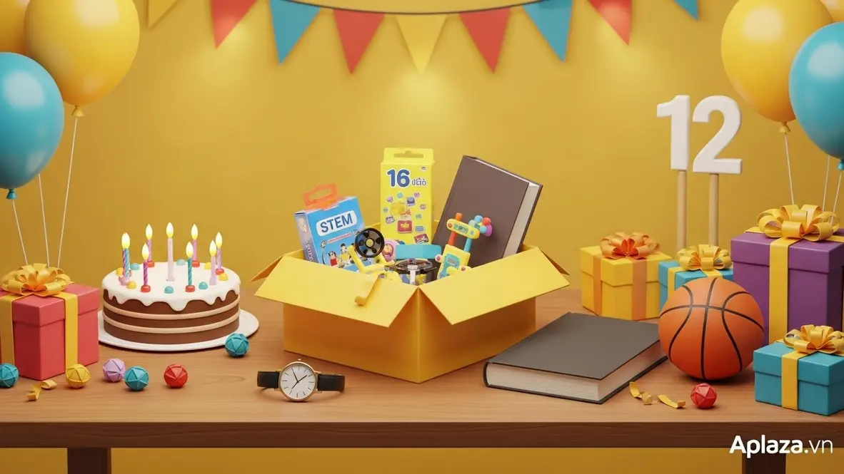 Khung cảnh mua quà sinh nhật cho bé 12 tuổi với hộp quà mở, đồ chơi STEM, sách và dụng cụ thể thao trên bàn, không khí sinh nhật ấm áp