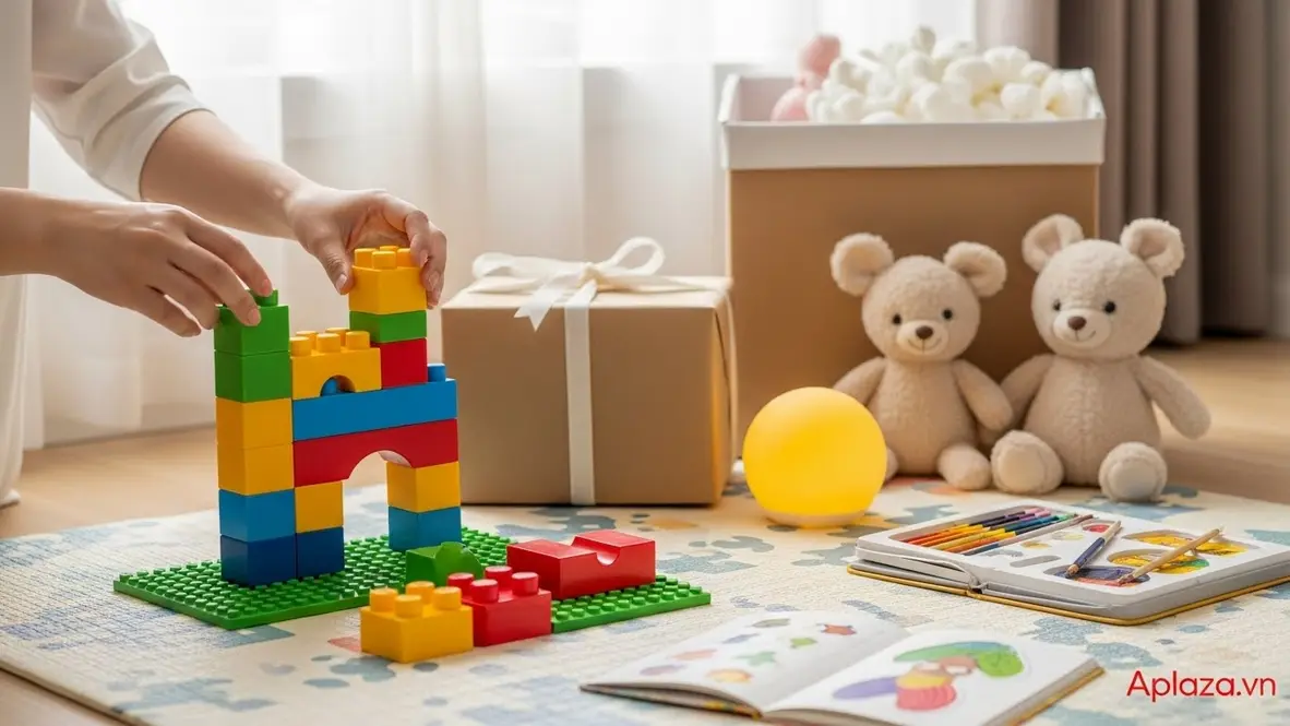 Góc quà cho bé 3 tuổi với đồ chơi xúc giác, thú nhồi bông, đèn ngủ ánh vàng và bộ đồ mỹ thuật trên thảm chơi ấm áp