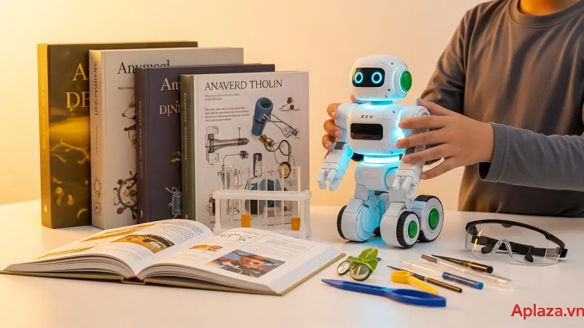 Bộ quà cho bé 8 tuổi gồm robot lập trình, sách nâng cao và bộ thí nghiệm đặt trên nền sáng; tay bé cầm robot, ánh sáng tự nhiên, gợi ý mua theo ngân sách