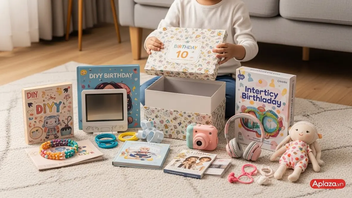 Không khí mở hộp quà sau khi mua quà sinh nhật cho bé 10 tuổi, với bộ DIY, sách tranh, máy ảnh mini và tai nghe an toàn bày quanh, nền sáng ấm áp.