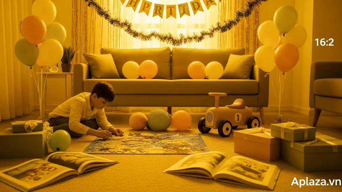 Bối cảnh sinh nhật ấm áp với quà cho bé 5 tuổi: xếp hình, xe chòi, bóng mềm, sách tranh và gấu bông bày trên thảm, ánh đèn vàng dịu, tông màu pastel rực rỡ