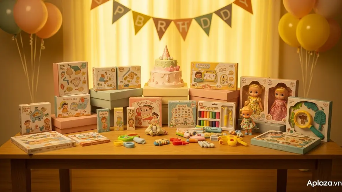 Bối cảnh sinh nhật ấm áp với quà cho bé 5 tuổi: đồ chơi vận động, bộ vẽ, búp bê và bộ khám phá khoa học được bày trên bàn cùng bóng bay và giấy gói màu sắc.