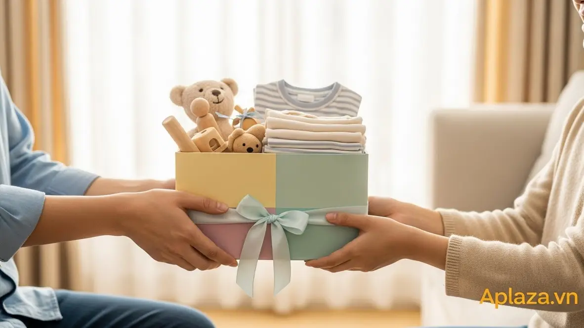 Bố mẹ trao quà cho bé trong hộp pastel, mở ra thấy đồ chơi và quần áo xinh xắn, không khí ấm áp gợi cảm giác quà cho bé theo từng dịp