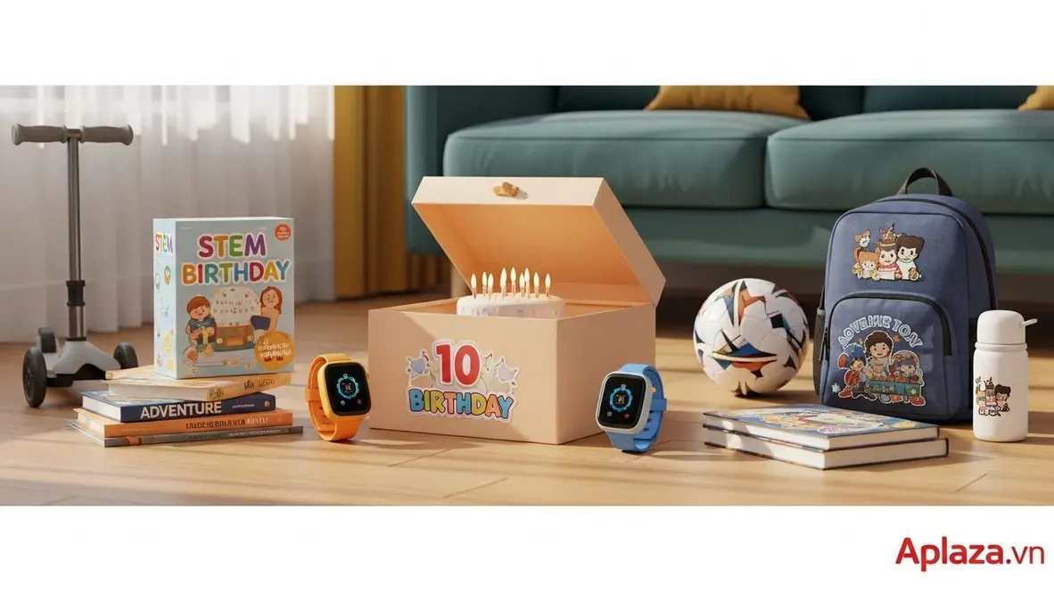 Quà sinh nhật phù hợp cho bé trai mười tuổi: đồ chơi STEM, công nghệ an toàn, thể thao, sách và đồ cá nhân hóa.