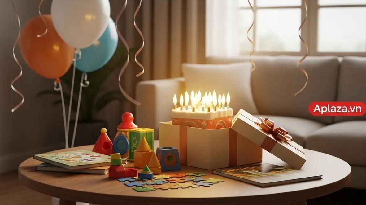 Hộp quà sinh nhật mở ra với đồ chơi giáo dục, sách tranh và bộ xếp hình dành cho bé 5 tuổi, màu sắc tươi sáng, gợi ý mua quà sinh nhật cho bé 5 tuổi