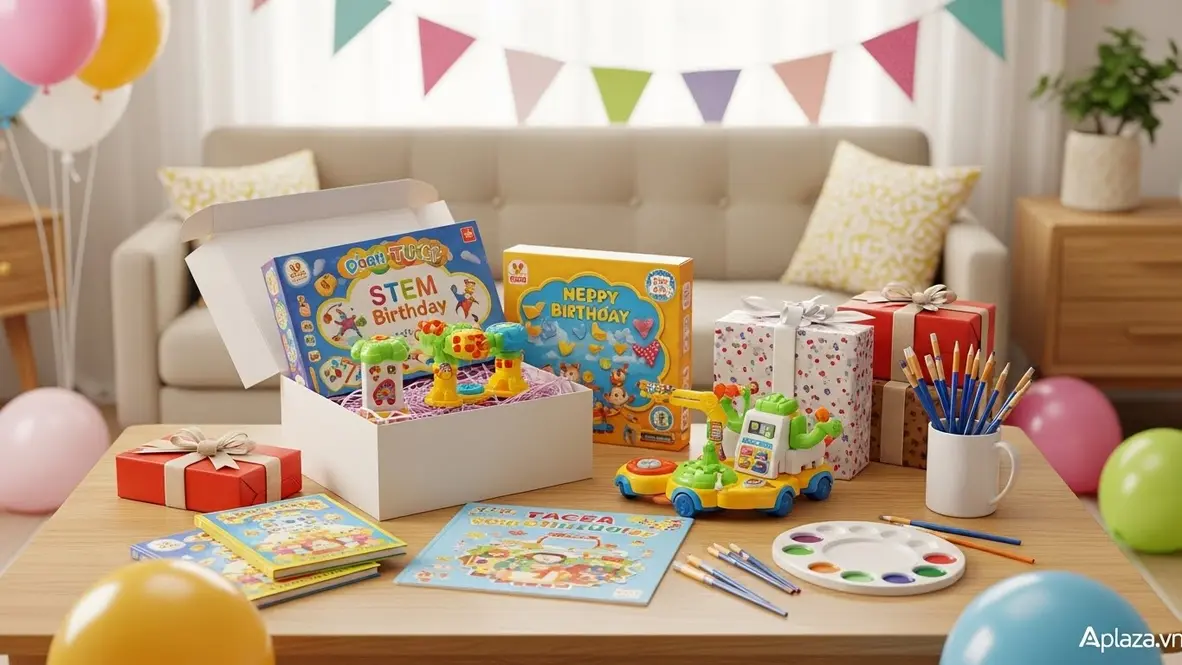 Bé 7 tuổi vui vẻ mở quà sinh nhật với đồ chơi giáo dục STEM, sách thiếu nhi và bộ xếp hình trên bàn, không khí ấm áp, màu sắc tươi sáng.