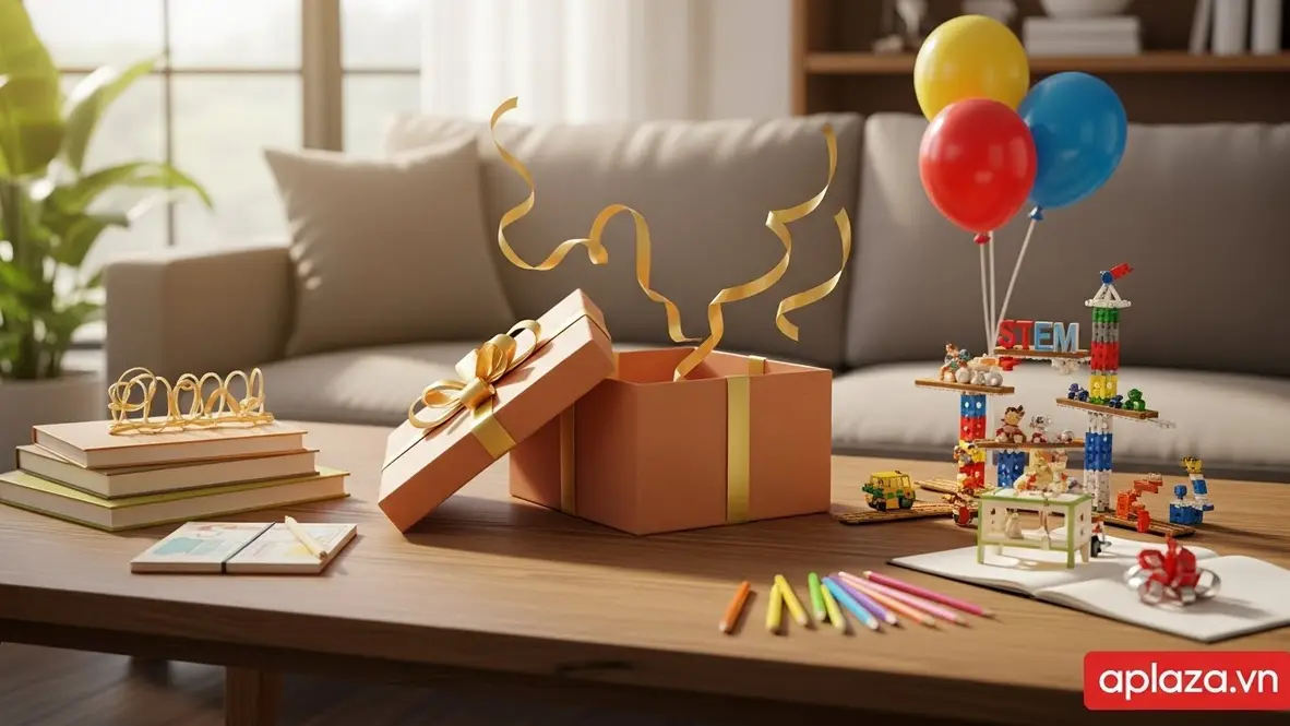 Hộp quà sinh nhật đang mở, xung quanh là đồ chơi STEM, sách và dụng cụ vẽ, gam màu tươi sáng, gợi ý lựa chọn theo ngân sách cho bé 11 tuổi