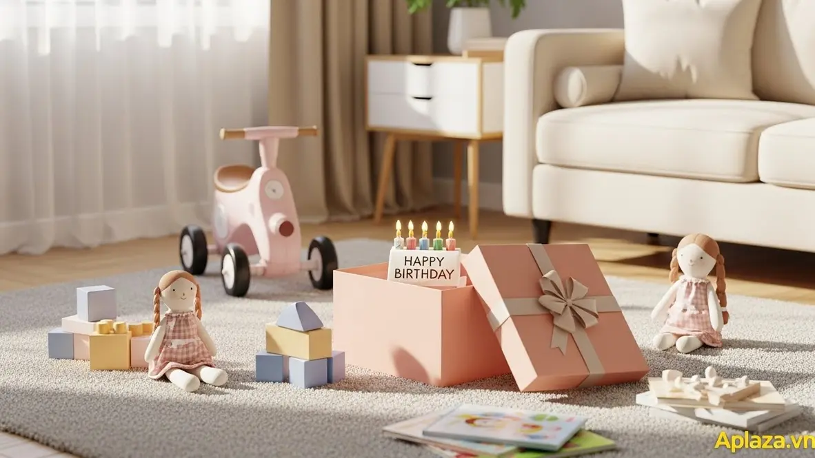 Cảnh mở quà sinh nhật cho bé 3 tuổi với xe chòi chân, búp bê vải, khối gỗ và sách khám phá trên nền sáng an toàn
