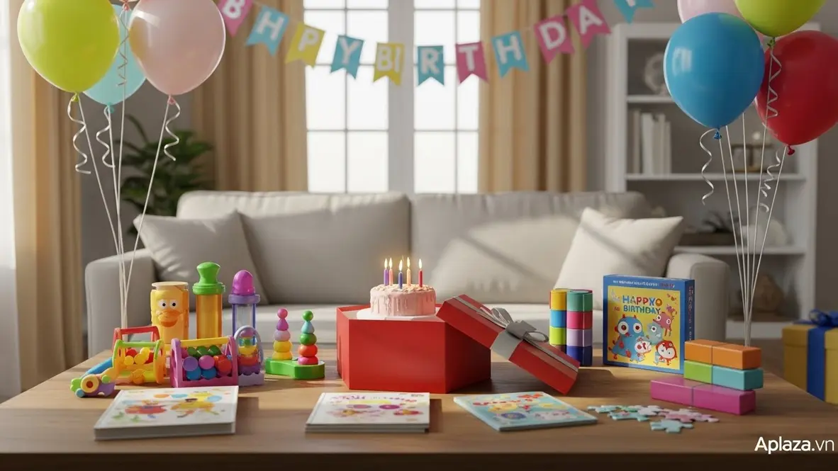 Cảnh mừng sinh nhật minh họa mua quà sinh nhật cho bé 5 tuổi theo ngân sách, hộp quà mở ra với đồ chơi màu sắc, sách và bộ xếp hình bày trên bàn
